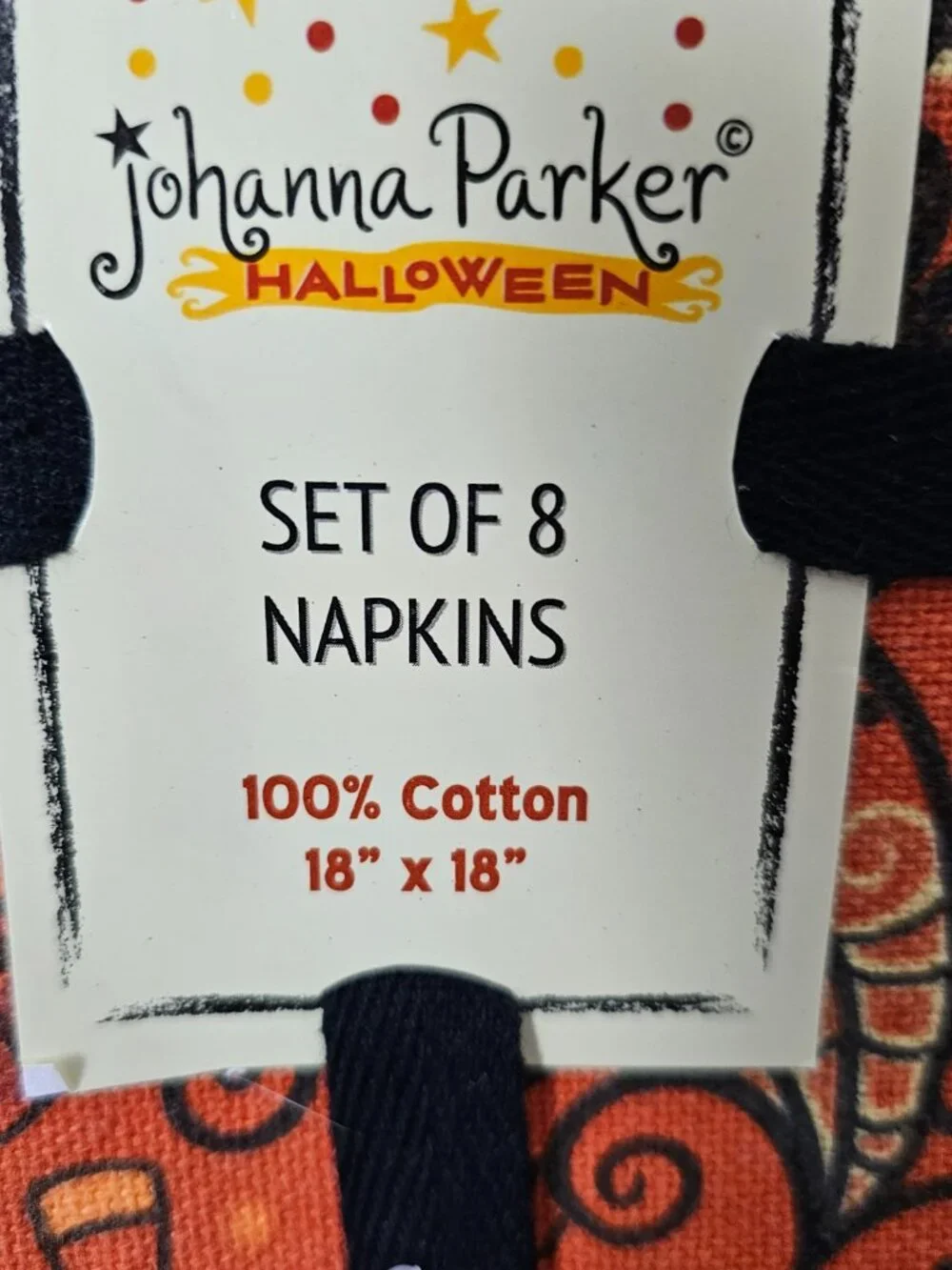 Johanna Parker Halloween Cotton Whimsical Napkins Set of 8 New Orange 18x18